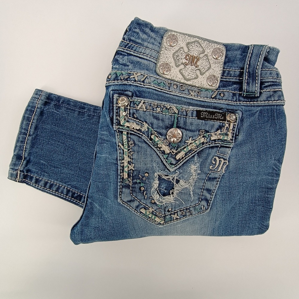 Miss Me Embroidered Rhinestone Skinny Jeans Womens Size 30 Y2K Western